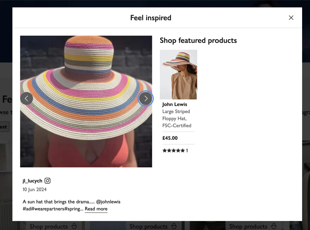 JohnLewisWebsite A screenshot of the John Lewis website; a customer's Instagram post of a colourful summer hat is displayed next to the link to buy the hat.