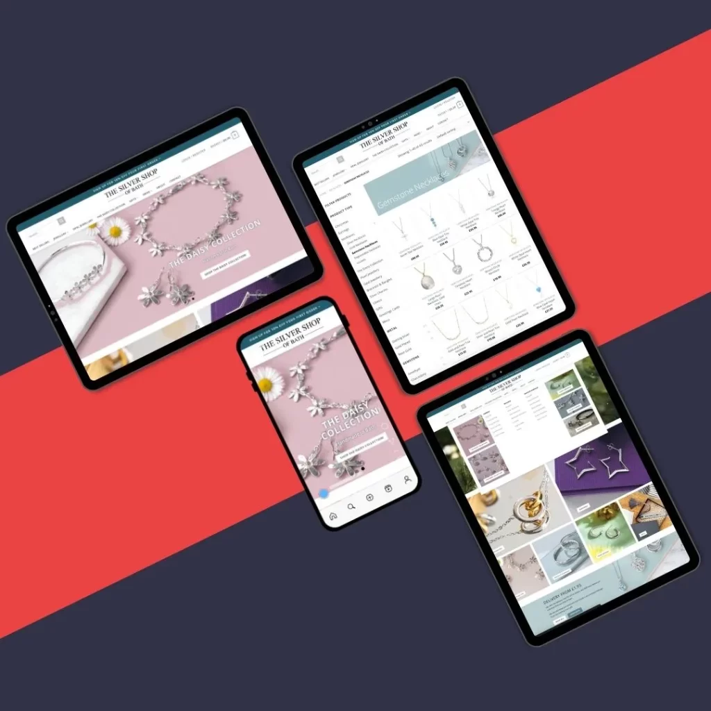 A selection of tablets and phones on a navy background, showing pages from The Silver Shop of Bath website displaying at different screen sizes.