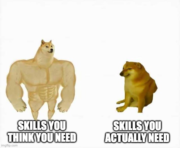 A meme showing an extremely muscular dog, with the caption "skill you think you need". Next to it is a cute fluffy dog, with the caption "skills you actually need"
