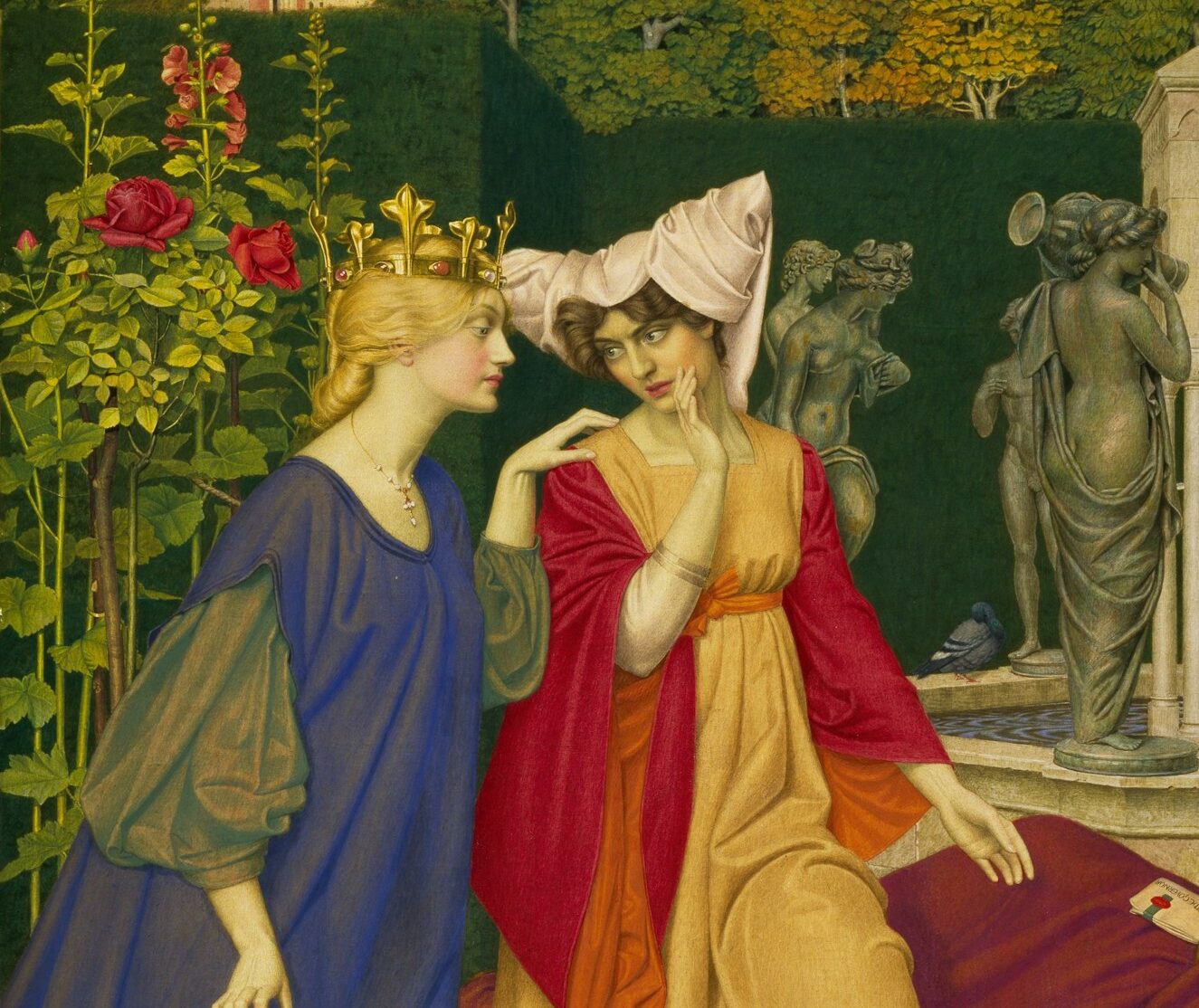 A detail from the painting "Changing the Letter", 1908, by Joseph Edward Southall. It shows two women in medieval dress whispering to each other.