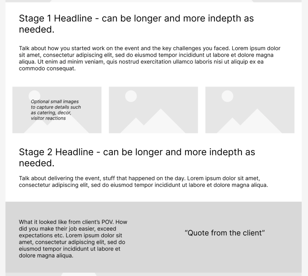 A wireframe of a page for an events company. It's a case study, with labels like "Explain what this looked like for the client and how you made their life easier" and "Talk about starting work on the event and the key challenges you faced"